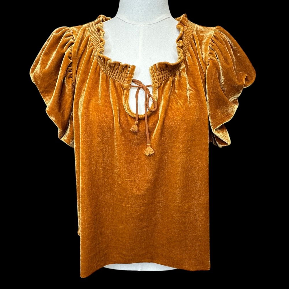 Free People Terese Velvet Top Womens M Pumpkin Pie Puff Sleeve Tassel Tie Neck - Picture 2 of 9